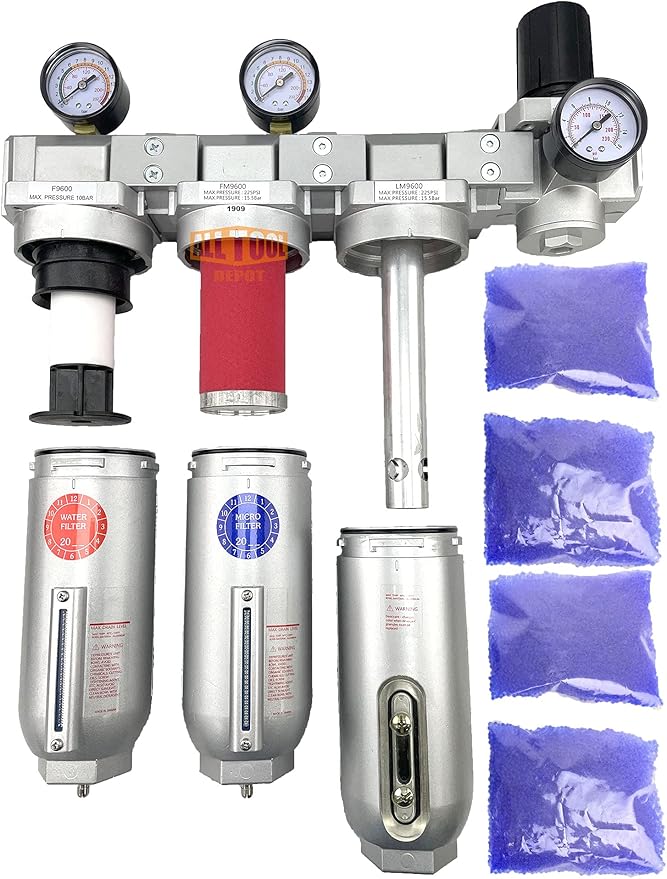 1" NPT SUPER DUTY Industrial Grade 4 Stages Filter Coalescing Desiccant Dryer Regulator System For Compressed Air Lines, Metal Bowls, Great For Paint Spray And Plasma Cutter (MANUAL DRAIN)