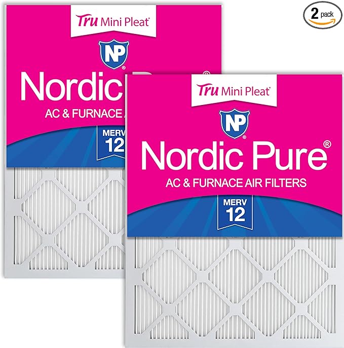 Nordic Pure 16x16x1 (Actual Size: 15 3/4 x 15 3/4 x 3/4) Tru Mini Pleat MERV 12 AC Furnace Air Filters – 2.5X More Media for Longer-Lasting, High-Efficiency Filtration - 2 Pack