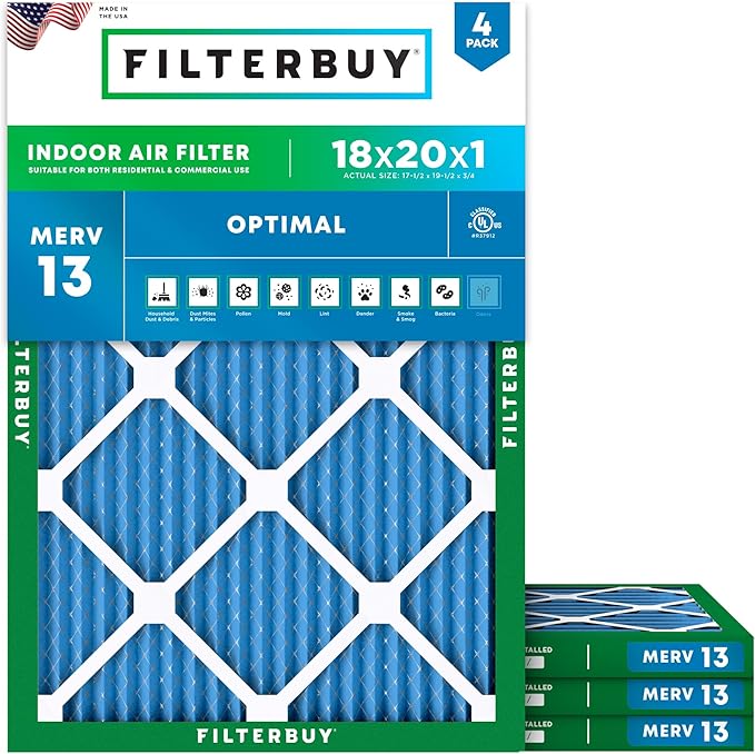 Filterbuy 18x20x1 Air Filter MERV 13 Optimal Smoke & Allergy Defense (4-Pack), Electrostatic Pleated HVAC AC Furnace Filters Replacement, Made in USA (Actual Size: 17.50 x 19.50 x 0.75)