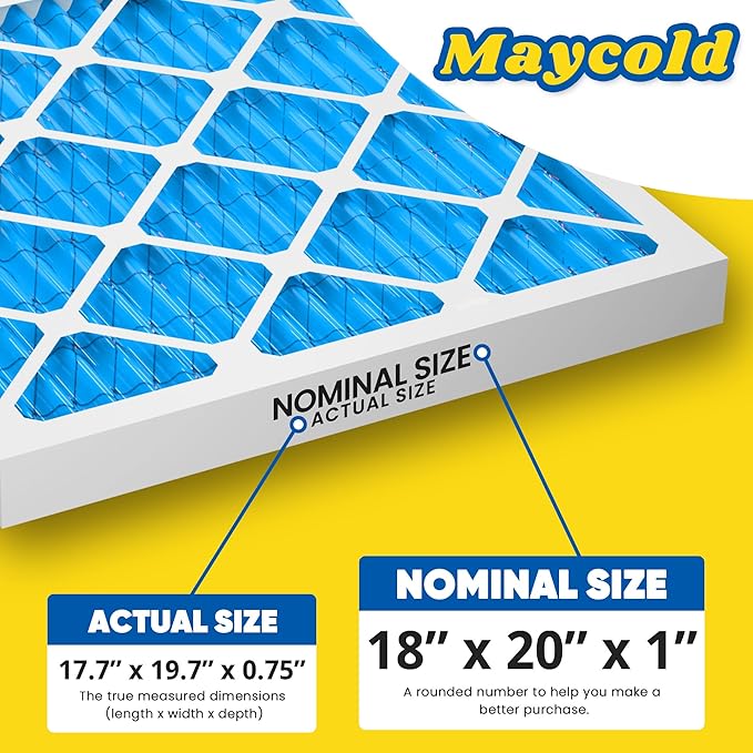Maycold 18x20x1 MERV 11 Furnace Air Filter (6-Pack), High-Performance HVAC AC Filters for Home Use, Actual Size: 17.70” x 19.70” x 0.75”, Individually Wrapped in Plastic