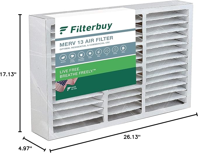 Filterbuy 17.5x27x5 Air Filter MERV 13 Optimal Smoke & Allergy Defense (1-Pack), Pleated HVAC AC Furnace Filters for Trane Perfect Fit & American Standard (Actual Size: 17.13 x 26.13 x 4.97)
