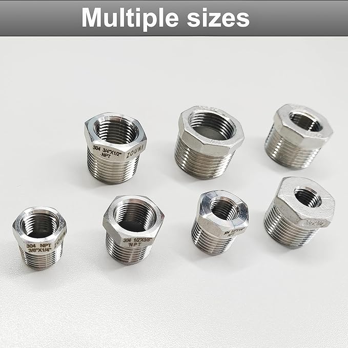 2 Pcs Reducer Hex Bushing, 304 Stainless Steel 1" Male NPT to 3/4" Female NPT（ 1"MNPT - 3/4"FNPT） Pipe Fitting Hex Bushing, Heavy Duty Pipe Fitting Reducer Adapter