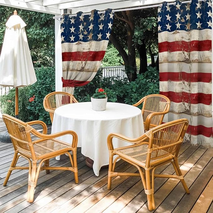 4th of July Outdoor Curtains for Patio USA Flag Independence Day Vintage Waterproof Outside Curtains with Grommet Top Weatherproof Curtain for Cabana Pergola Gazebo, 1 Panel, 54" W x 84" L