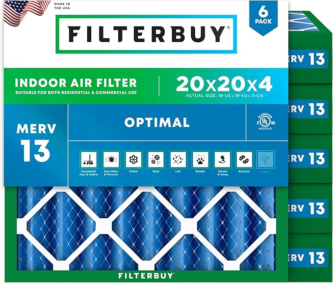 Filterbuy 20x20x4 Air Filter MERV 13 Optimal Smoke & Allergy Defense (6-Pack), Electrostatic Pleated HVAC AC Furnace Filters Replacement, Made in USA (Actual Size: 19.50 x 19.50 x 3.63)