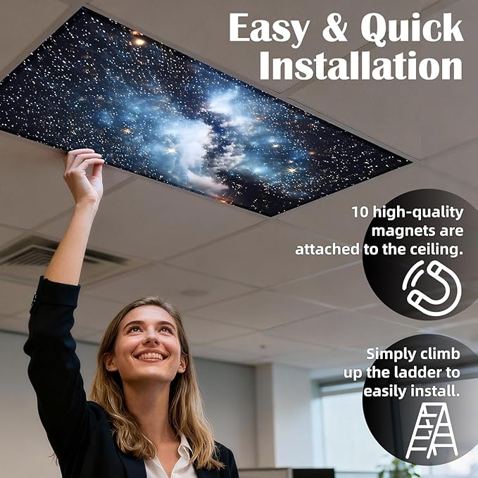 4 Pcs Fluorescent Light Covers - Classroom, Office 4 x 2 Feet Flame Retardant Magnetic Covers for Ceiling Lights Filters (Galaxy)