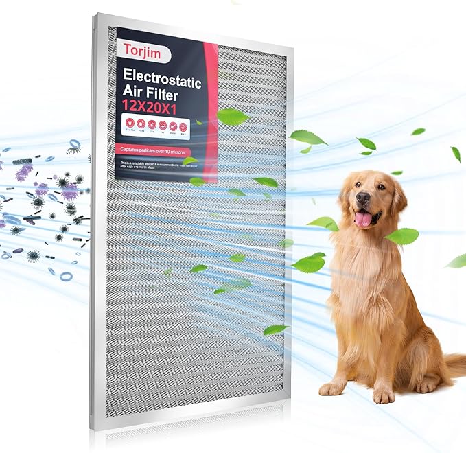 Torjim 12x20x1 MERV8 Washable Reusable Electrostatic Air Filter, AC/HVAC Furnace Filter, Breathe Fresher, Easy Install