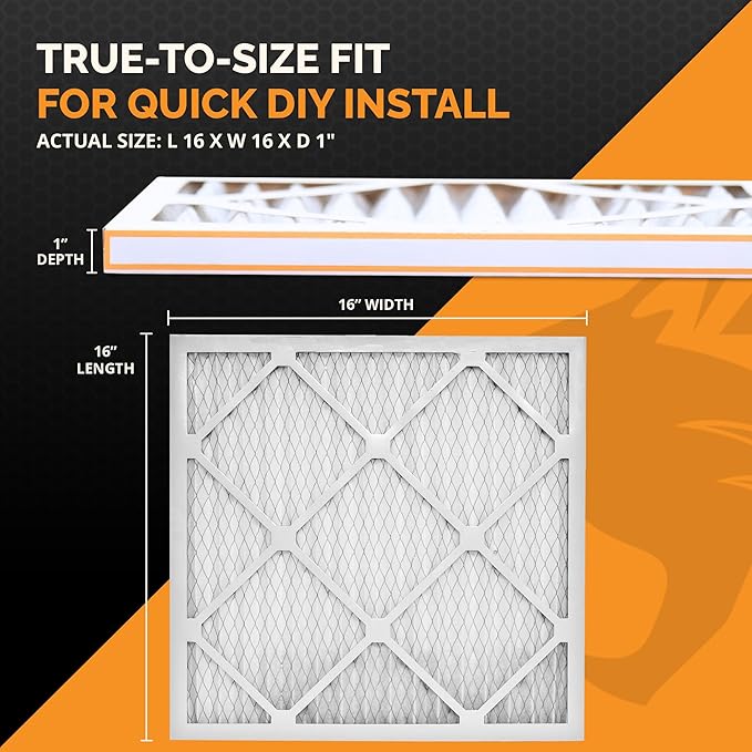 Tiger Tough 16x16x1 Air Filter MERV 8 MPR 600-800, High-Performance Pleated HVAC AC Furnace Filter Replacement for Home, 12-Pack
