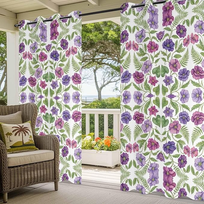 Flowers Outdoor Curtains for Patio Summer Floral Pastoral Farmhouse Plant Waterproof Outside Curtains with Grommet Top Weatherproof Curtain for Cabana Pergola Gazebo, 2 Pack, 54" W x 84" L
