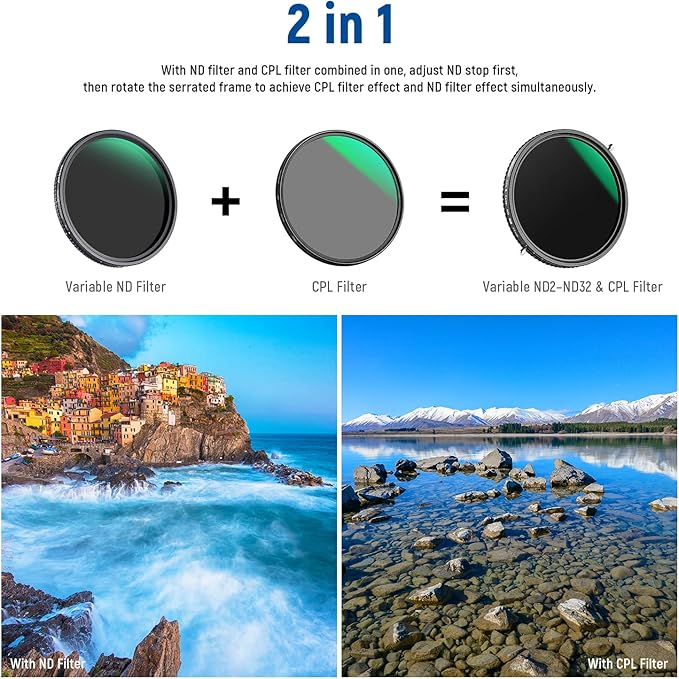 NEEWER 2 in 1 77mm Variable ND Filter ND2–ND32&CPL Filter(Circular Polarizer Filter) No X Cross/30 Layer Nano Coated/HD Optical Glass/Ultra Slim Aluminum Alloy Frame/Water Repellent/Scratch Resistant