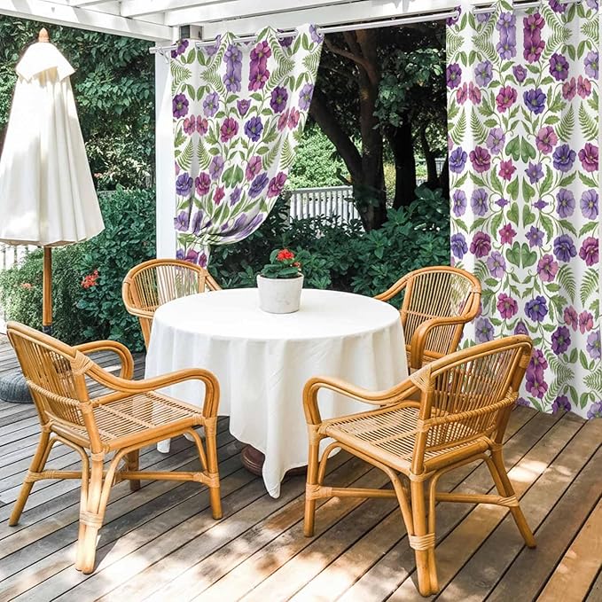 Flowers Outdoor Curtains for Patio Summer Floral Pastoral Farmhouse Plant Waterproof Outside Curtains with Grommet Top Weatherproof Curtain for Cabana Pergola Gazebo, 1 Panel, 54" W x 84" L