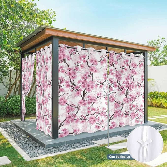 Cherry Flowers Outdoor Curtains for Patio Spring Flower Vintage Watercolor Waterproof Outside Curtains with Grommet Top Weatherproof Curtain for Cabana Pergola Gazebo, 1 Panel, 54" W x 108" L