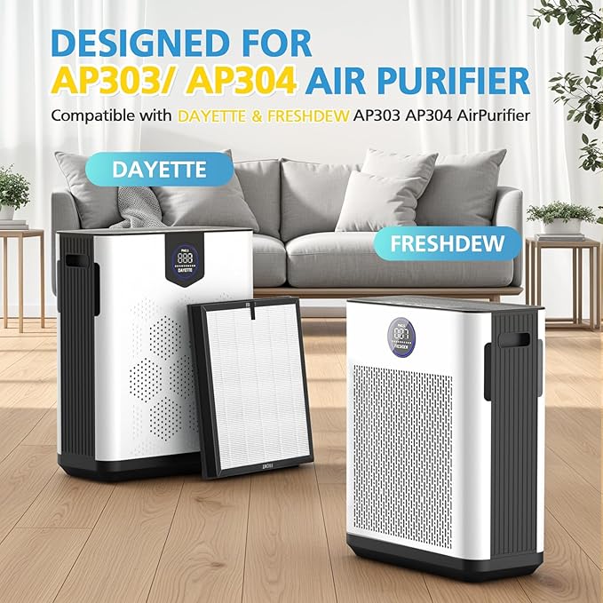 AP303/AP304 Replacement Filter Compatible with DAYETTE & FRESHDEW AP303/AP304, 3-in-1 Filtration System Filters with Activated Carbon for Dust, Pet Dander (Original Filter)