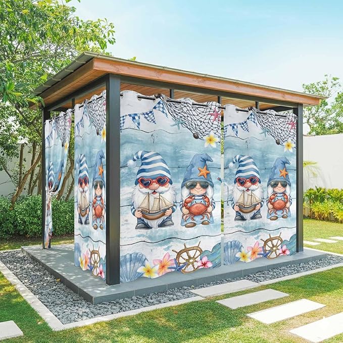 Ocean Gnome Outdoor Curtains for Patio Summer Marine Plumeria Shell Wood Blue Waterproof Outside Curtains with Grommet Top Weatherproof Curtain for Cabana Pergola Gazebo, 1 Panel, 54" W x 108" L