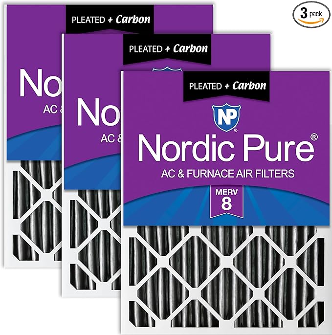 Nordic Pure 20x25x2 (Actual Size: 19 1/2 x 24 1/2 x 1 3/4) Furnace Air Filters MERV 8 Pleated Plus Carbon 3 Pack