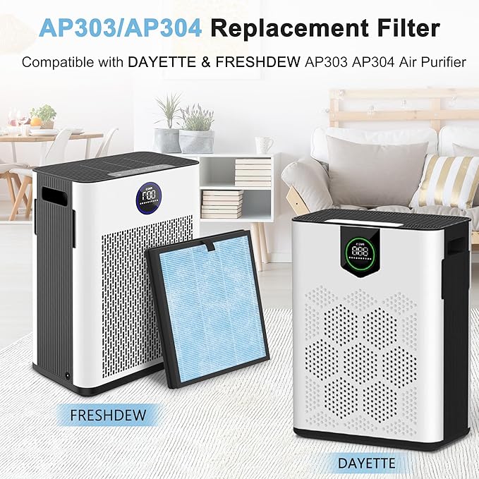AP303 AP304 Replacement Filters, Compatible with DAYETTE ＆ FRESHDEW Air Purifier AP303/AP304, H14 HEPA Filter with Activated Carbon, 2 Pack (Wildfire Filter)