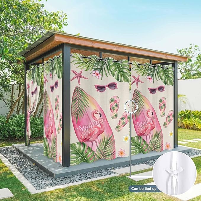 Summer Flamingbirds Outdoor Curtains for Patio Palm Leaves Plumeria Linen Waterproof Outside Curtains with Grommet Top Weatherproof Curtain for Cabana Pergola Gazebo, 1 Panel, 54" W x 84" L