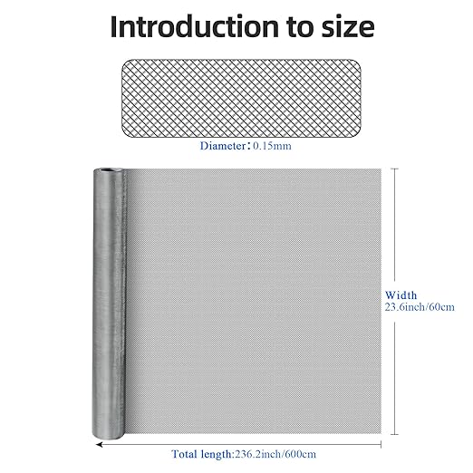 40 Mesh 304 Stainless Steel Mesh Screen, 24'' x 118''（60cm×300cm） Wire Screen Mesh, Rust Free Woven Wire Mesh, Metal Mesh Screen for Air Vents, Window Screen, Filters, Cage,Garden Covers