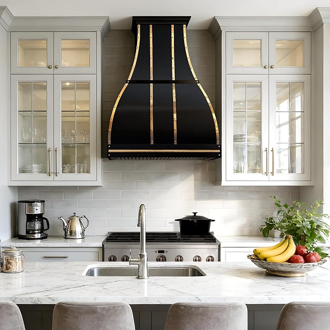CHETTO C Stainless Steel Range Hood Cover with 4-Speed Vent Hood Insert Custom Handmade Metal Kitchen Fan with Towel Rack LED Light 54"W x21"D x30"H Black Wall Mount