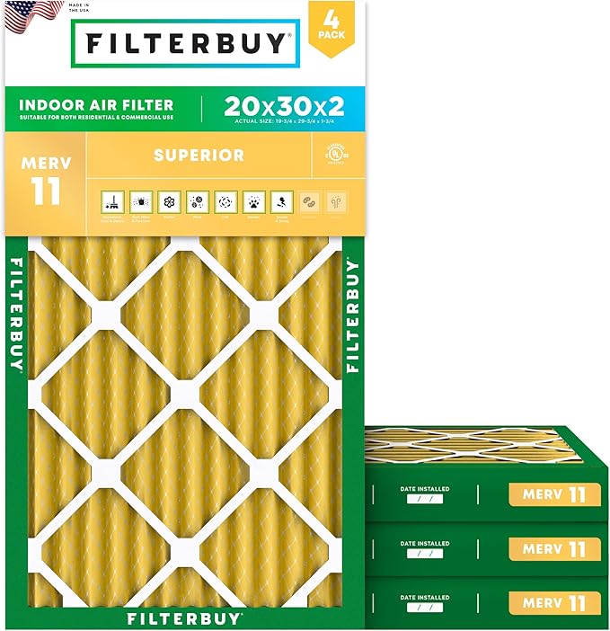 Filterbuy 20x30x2 Air Filter MERV 11 Superior Pet & Allergy Defense (4-Pack), Electrostatic Pleated HVAC AC Furnace Filters Replacement, Made in USA (Actual Size: 19.75 x 29.75 x 1.75)