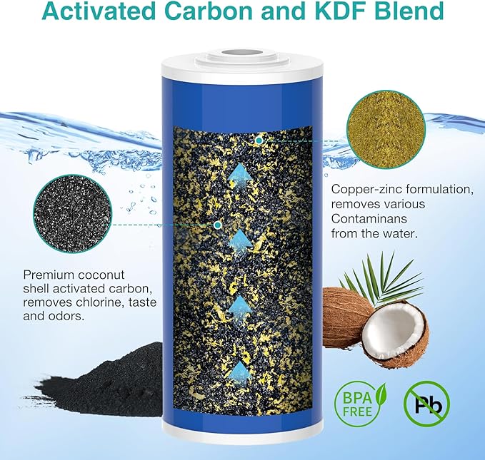 SimPure Whole House Water Filter Cartridges 10" x 4.5" GAC/KDF Carbon and Heavy Metal Filter, for DB10C-2KDF, DB10P, WGB21B-KS, FG15B-KS, GE FXHTC, GXWH40L, 2 Pack