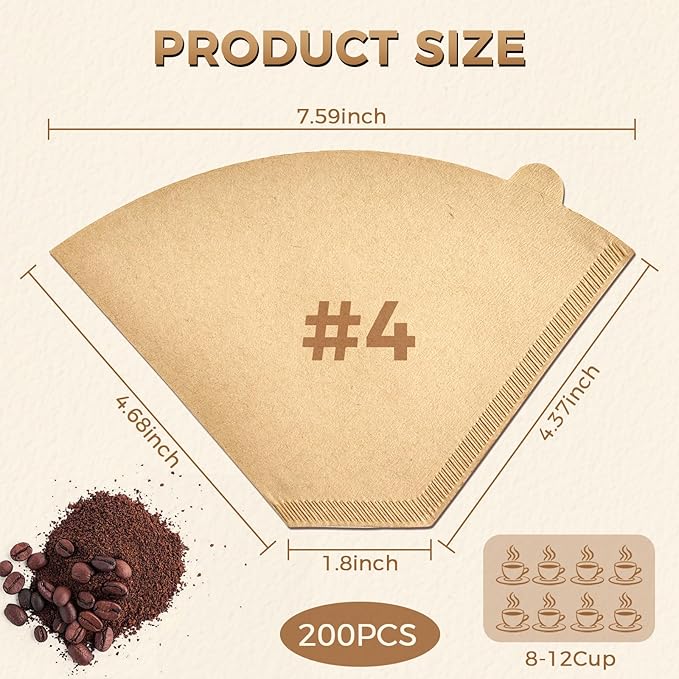 200 Count #4 Cone Coffee Filters 8-12 Cup, Unbleached Natural Paper, Disposable coffee filters 4 cone paper, Filters Paper Compatible with Ninja Coffee Filters, Pour Over and Drip Coffee Maker
