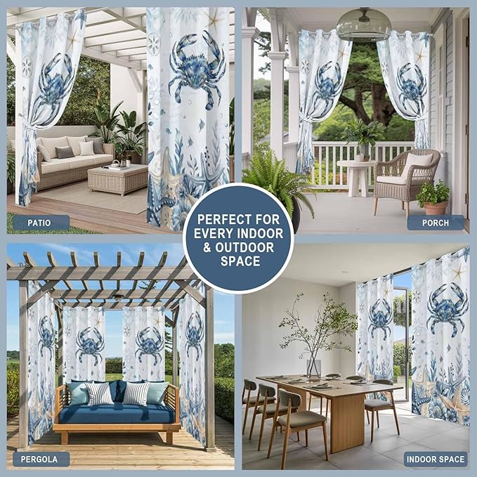 Oceans Outdoor Curtains for Patio Crabs Marine Life Shell Starfish Blue Waterproof Outside Curtains with Grommet Top Weatherproof Curtain for Cabana Pergola Gazebo, 1 Panel, 54" W x 84" L