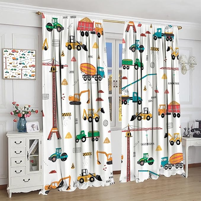 Construction Window Curtains, Kids Cartoon Construction Machines Building Hand Drawn Doodle Rod Pocket Decorative Windows Curtain for Children Teens Room Decor 84x84in (30% Blackout)