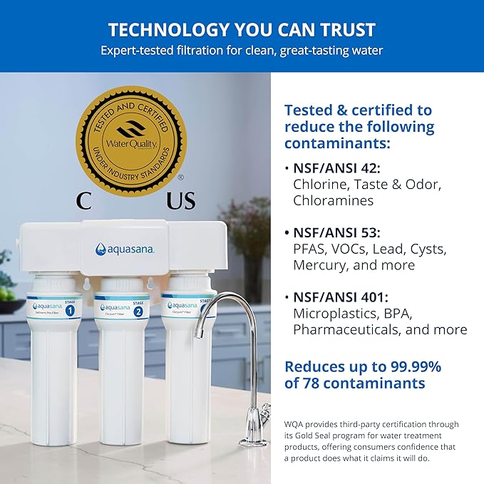 Aquasana Under Sink Water Filter | 3-Stage Max Flow Filtration | Certified to Reduce up to 99.99% of PFAS, Lead, Chlorine, & More | Under Counter Drinking Water Filter | Chrome Faucet | AQ-6300M-CHR