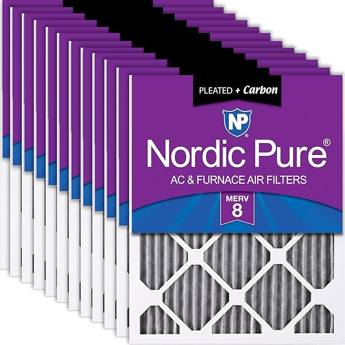Nordic Pure 12x12x1 (Actual Size: 11 3/4 x 11 3/4 x 3/4) Furnace Air Filters MERV 8 Pleated Plus Carbon 12 Pack