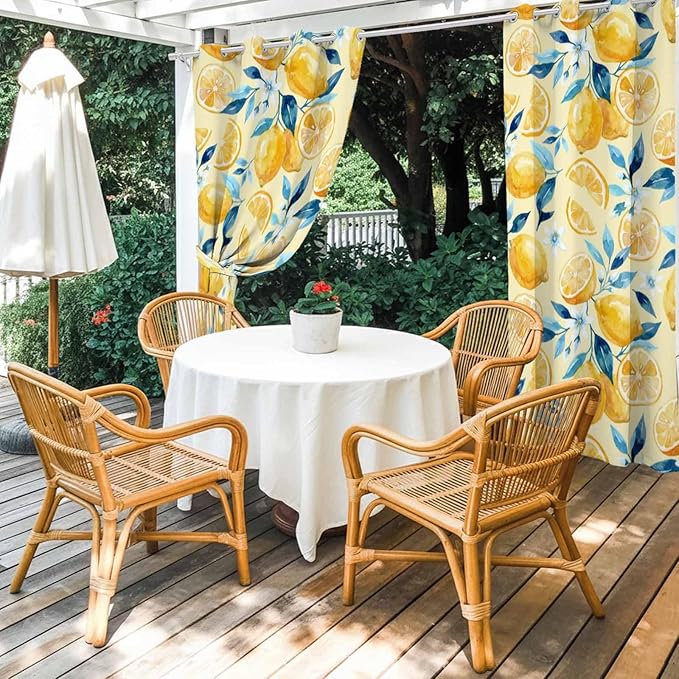Lemon Outdoor Curtains for Patio Lemon Leaves Summer Plants Begin Waterproof Outside Curtains with Grommet Top Weatherproof Curtain for Cabana Pergola Gazebo, 1 Panel, 54" W x 84" L