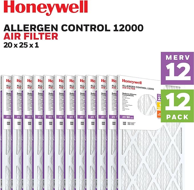 Honeywell 20x25x1 MERV 12 Electrostatic Pleated HVAC AC Furnace Air Filter (12-Pack) | Replacement Filter for Home Use | Made in USA