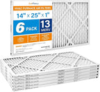 LotFancy 14x25x1 Air Filter MERV 13 6-Pack, Electrostatic Pleated HVAC Furnace Air Filter, Captures Pet Dander Smog Smoke, Actual Size: 13.75"x24.75"x0.75"