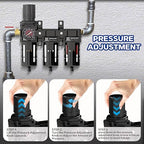 NEWPO 1/2" 3 Stage Air Drying System,Air Dryer for Compressor,Compressed Air Filter Regulator for Spray Guns,Regulator Combo 5＆0.5&0.01 Micron Filter Cartridge,Semi-Auto Drain, Metal Bracket