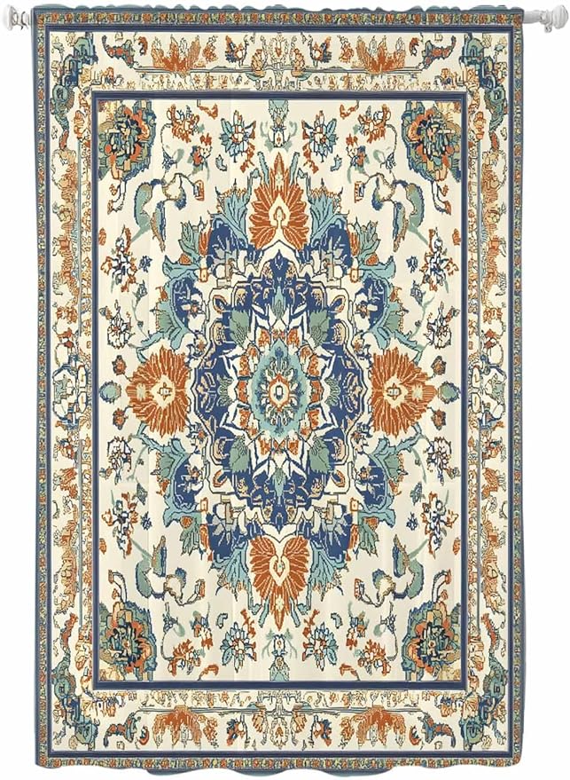 Sheer Curtains 63 Inch Length, Southwest Farmhouse Semi Sheer Curtains Light Filtering Window Treatment, Orange Blue Desert Bohemian Privacy Voile Drapes for Living Room Bedroom 52x63 Inch