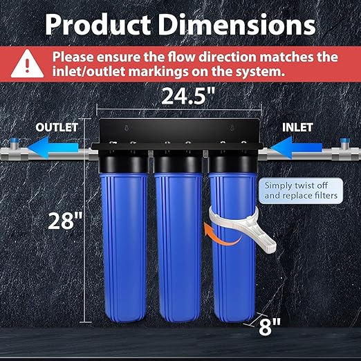 iSpring WGB32BM+AHPF12MNPT16X2 3-Stage Whole House Water Filter System, Reduces Iron & Manganese, Chlorine, Sediment Home Water Filtration System w/ 3/4'' Braided Stainless Steel Hose Connectors