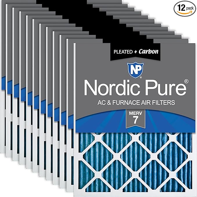 Nordic Pure 20x25x1 (19 1/2 x 24 1/2 x 3/4) Pleated Air Filters MERV 7 Plus Carbon 12 Pack