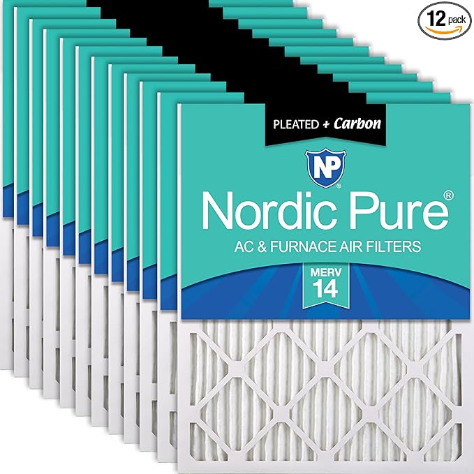 Nordic Pure 16x16x1 (Actual Size: 15 3/4 x 15 3/4 x 3/4) Pleated Air Filters MERV 14 Plus Carbon 12 Pack