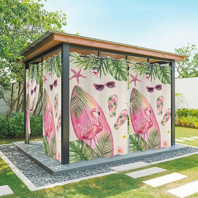 Summer Flamingbirds Outdoor Curtains for Patio Palm Leaves Plumeria Linen Waterproof Outside Curtains with Grommet Top Weatherproof Curtain for Cabana Pergola Gazebo, 2 Pack, 54" W x 108" L