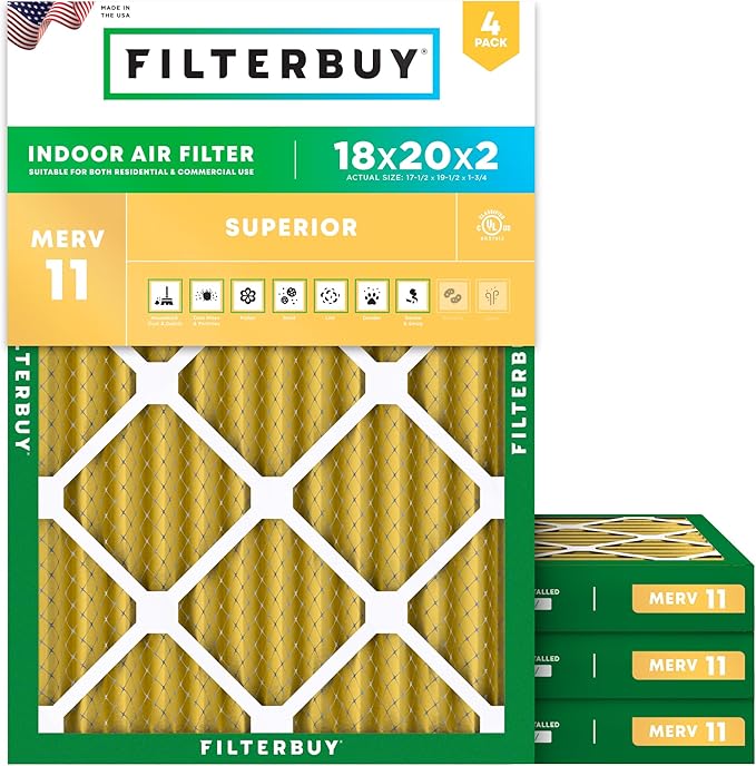 Filterbuy 18x20x2 Air Filter MERV 11 Superior Pet & Allergy Defense (4-Pack), Electrostatic Pleated HVAC AC Furnace Filters Replacement, Made in USA (Actual Size: 17.50 x 19.50 x 1.75)