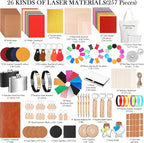 Dunzoom 257 Pcs Laser Material Kit Laser Engraving Materials Including Acrylic, Metal, Wood, Fabric, PU Leather, Glass, Rock, Rubber Materials for Laser Engravers and Laser Cutters