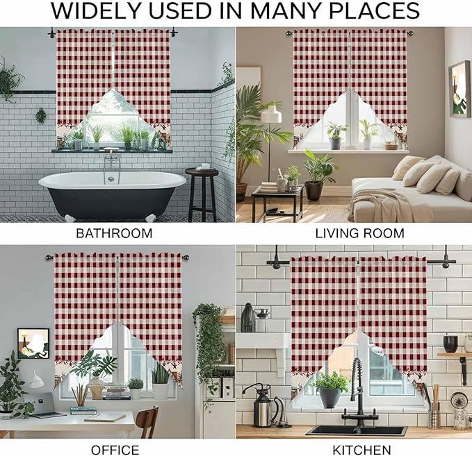 Swag Curtain Valances for Kitchen Windows,Farm Barn Western Star on Vintage Short Rod Pocket Window Valance,Red Buffalo Plaid Swag Topper for Bedroom Living Room,2 Panels 28x36in