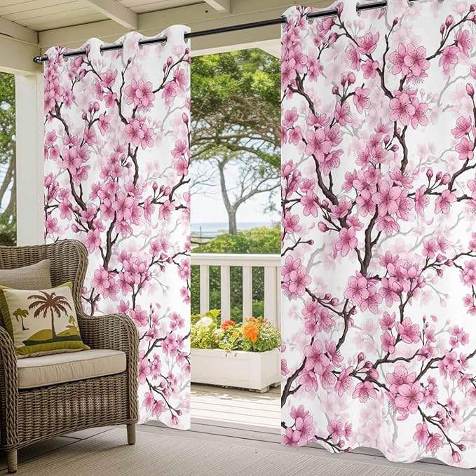 Cherry Flowers Outdoor Curtains for Patio Spring Flower Vintage Watercolor Waterproof Outside Curtains with Grommet Top Weatherproof Curtain for Cabana Pergola Gazebo, 2 Pack, 54" W x 84" L