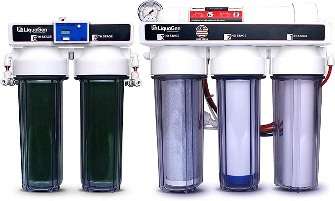 LiquaGen - 6 Stage Heavy Duty - 0 TDS/PPM Reverse Osmosis/Deionization Aquarium Reef Water Filter System | Ultimate Purification RO/DI Machine w/Dual Deionization Canisters (150 GPD)