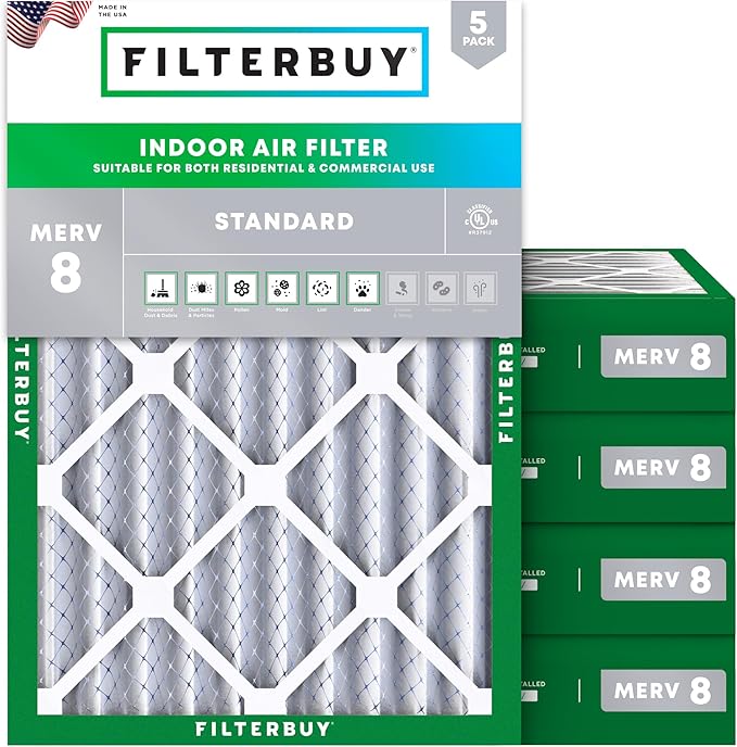 Filterbuy 17x20x4 Air Filter MERV 8 Essential Dust & Allergy Defense (5-Pack), Electrostatic Pleated HVAC AC Furnace Filters Replacement, Made in USA (Actual Size: 16.50 x 19.50 x 3.63)