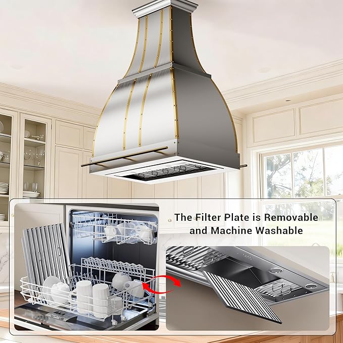 CHETTO C Stainless Steel Range Hood Cover with Quiet Vent Hood Insert Custom Handcrafted Metal Kitchen Fan with Towel Rack LED Light 54"W x27"D x21"H Brushed Stainless Steel Island Mount