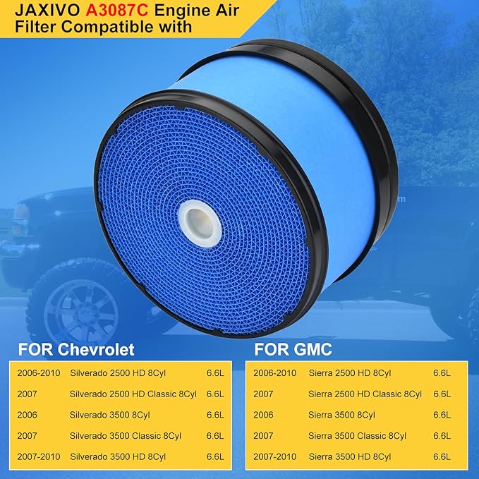 A3087C Engine Air Filter Compatible With 06-10 Silverado/Sierra 2500HD,07-10 Silverado/Sierra 3500HD,07 Silverado/Sierra 2500HD 3500 Classic, 6.6L 8Cyl Replaces P610875