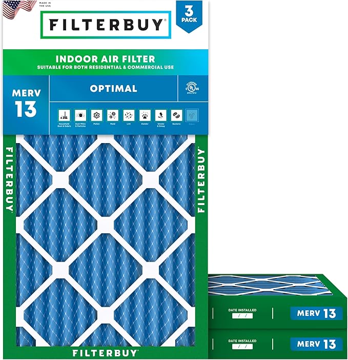 Filterbuy 14x25x2 Air Filter MERV 13 Optimal Smoke & Allergy Defense (3-Pack), Electrostatic Pleated HVAC AC Furnace Filters Replacement, Made in USA (Actual Size: 13.50 x 24.50 x 1.75)