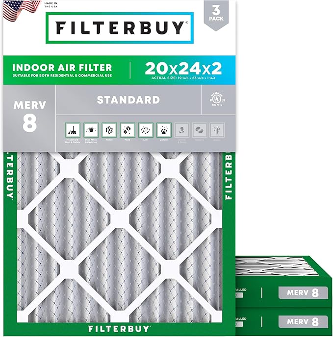 Filterbuy 20x24x2 Air Filter MERV 8 Essential Dust & Allergy Defense (3-Pack), Electrostatic Pleated HVAC AC Furnace Filters Replacement, Made in USA (Actual Size: 19.38 x 23.38 x 1.75)