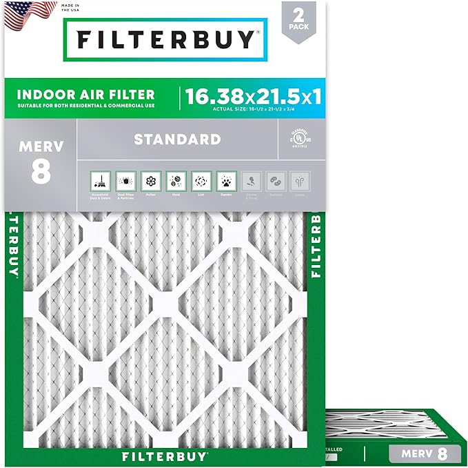 Filterbuy 16.38x21.5x1 Air Filter MERV 8 Essential Dust & Allergy Defense (2-Pack), Electrostatic Pleated HVAC AC Furnace Filters Replacement, Made in USA (Actual Size: 16.50 x 21.50 x 0.75)