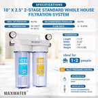 Max Water 2 Stage (Sediment, Odor & Improving Taste) Whole House 10 inch, Standard Water Filtration System with Pressure Gauge - Clear Housing - Sediment + CTO - ¾ Inlet/Outlet